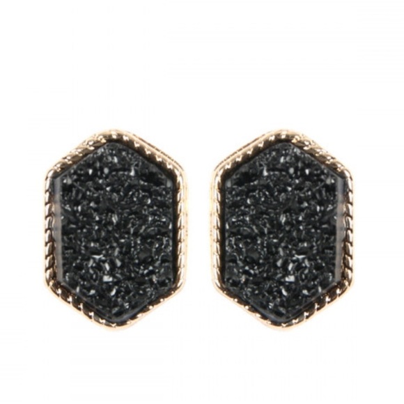 2/$15 - Gold/Black Druzy Hexagon Post Earring - Picture 1 of 7